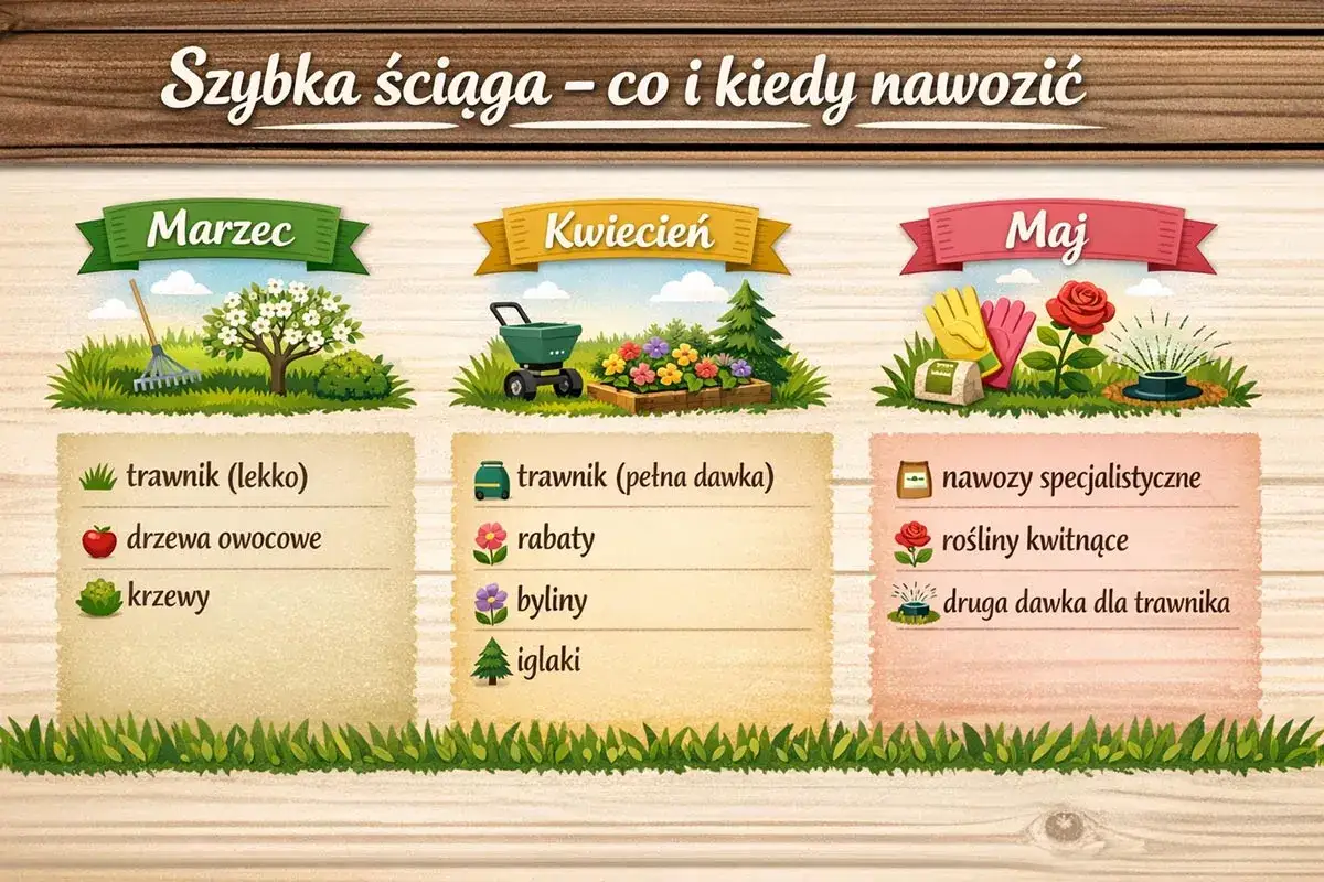 W marcu nawozimy trawnik lekko, drzewka owocowe i krzewy. W kwietniu pełna dawka na trawnik, rabaty, byliny i iglaki. W maju nawozy specjalistyczne, rośliny kwitnące i druga dawka na trawnik.