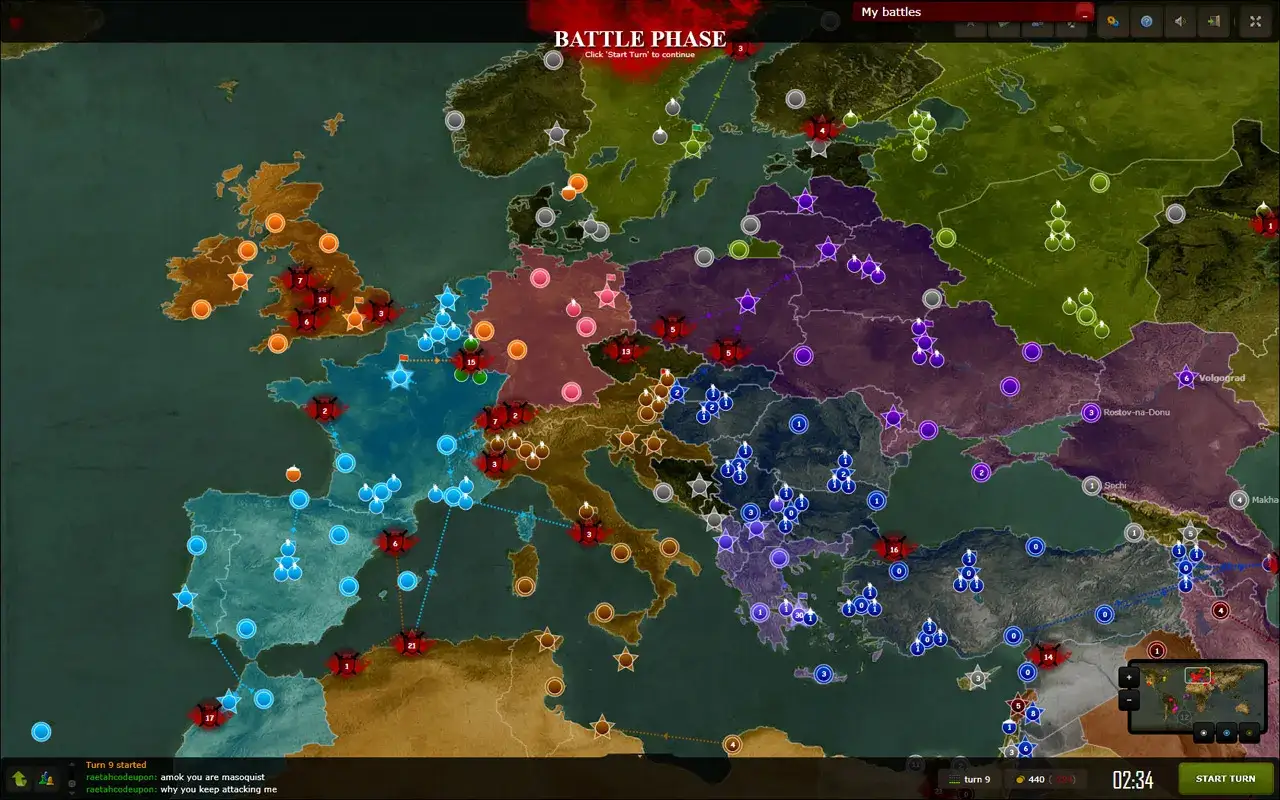 Mapa Europy z zaznaczonymi terytoriami i jednostkami. Widać fragmenty gry strategicznej, typowej dla **gier przeglądarkowych**, gdzie gracze walczą o dominację.