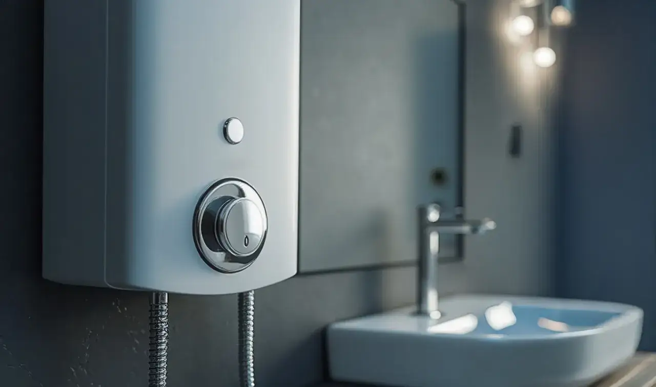 Ein weißes Untertischgerät mit Chromdetails, daneben ein Waschbecken. Der Stromverbrauch ist hier ein wichtiges Thema.