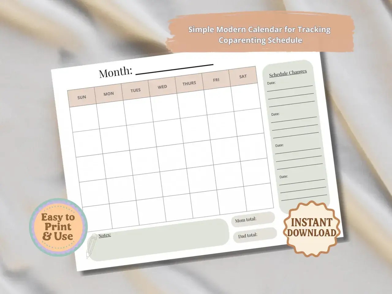 Kalender für die zeitliche Regelung des Umgangsrechts. Einfache Vorlage zur Organisation von Terminen und Änderungen.