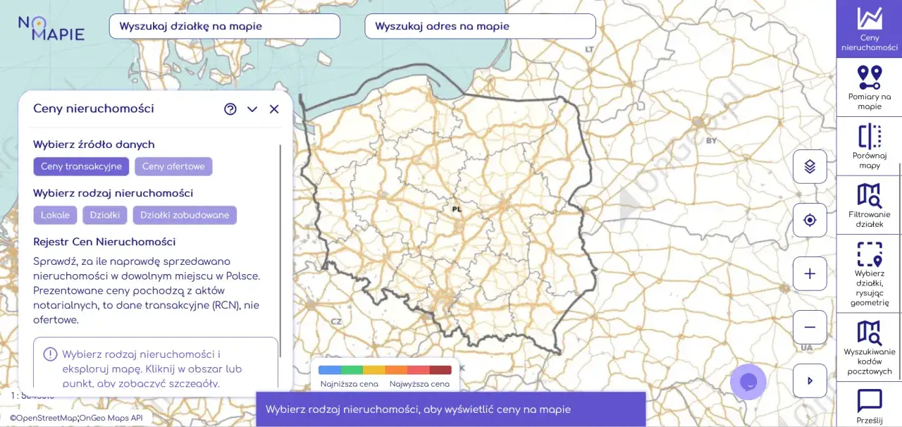 Mapa cen nieruchomości w Polsce. Możesz wyszukać działki pod Warszawą lub inne nieruchomości, sprawdzając ceny transakcyjne.