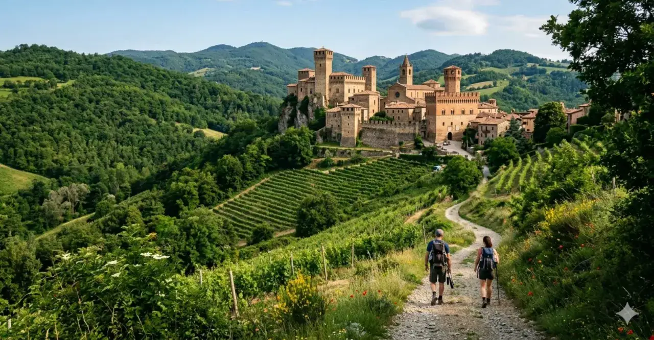 Coppia di escursionisti su sentiero tra vigneti e boschi, con un castello medievale che domina le colline di Parma.