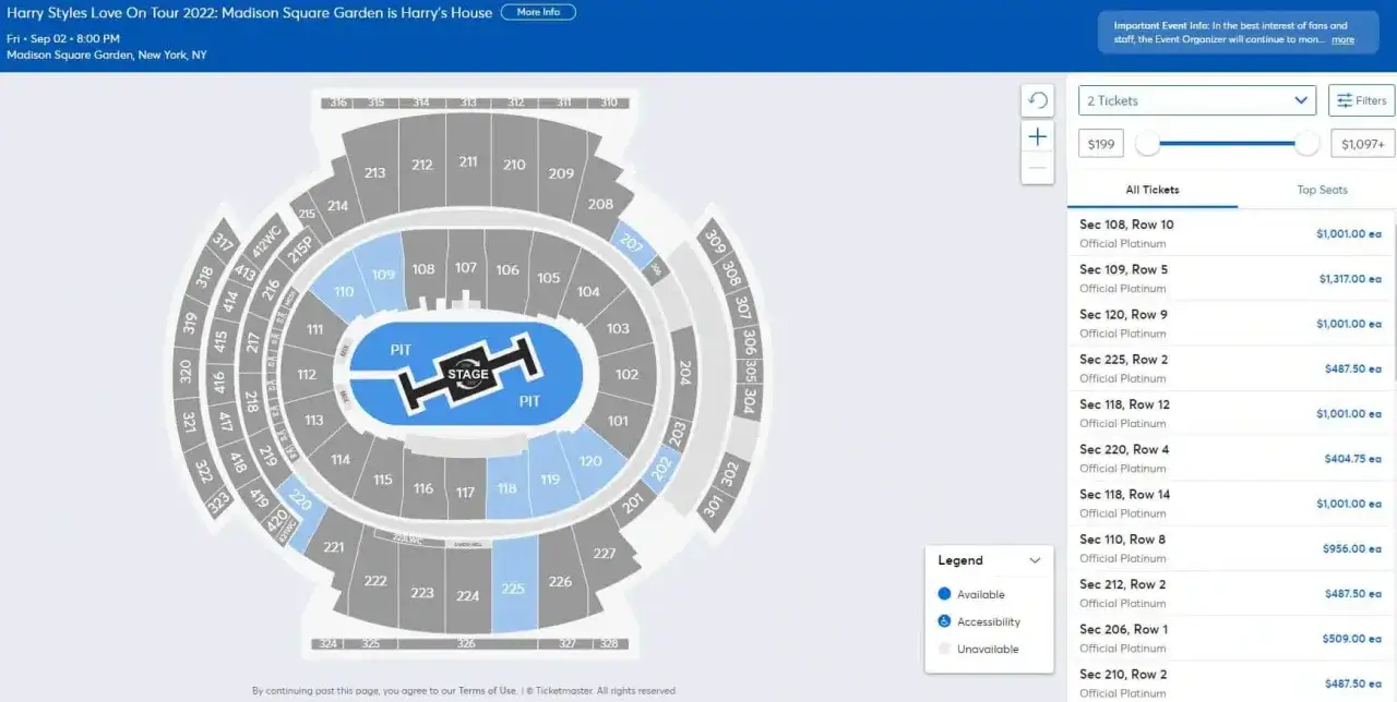 Mapa sektorów koncertowych Harry Styles Polska z przykładowymi cenami