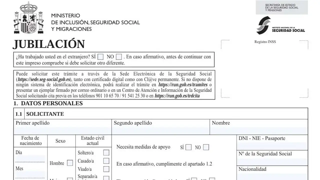 Formulario de solicitud de jubilación. Incluye campos para datos personales, estado civil y cotización a tiempo parcial a efectos de jubilación.