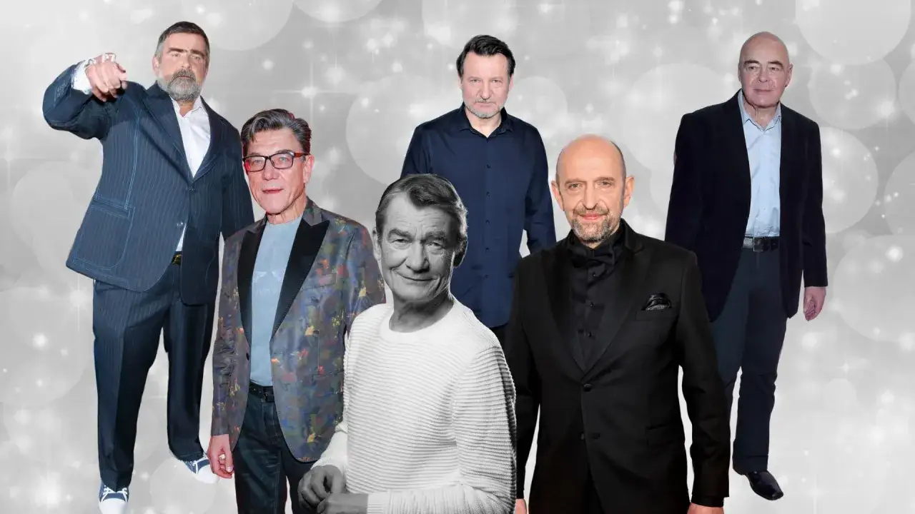 Znani polscy aktorzy telewizyjni w eleganckich strojach. Od lewej: Jerzy Stuhr, Piotr Fronczewski, Janusz Gajos, Andrzej Chyra, Cezary Pazura, Daniel Olbrychski.