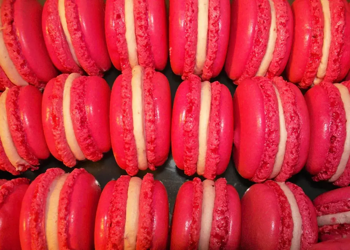 Des macarons roses vifs, parfaits pour une recette ganache framboise macaron. Ils sont alignés, prêts à être dégustés.