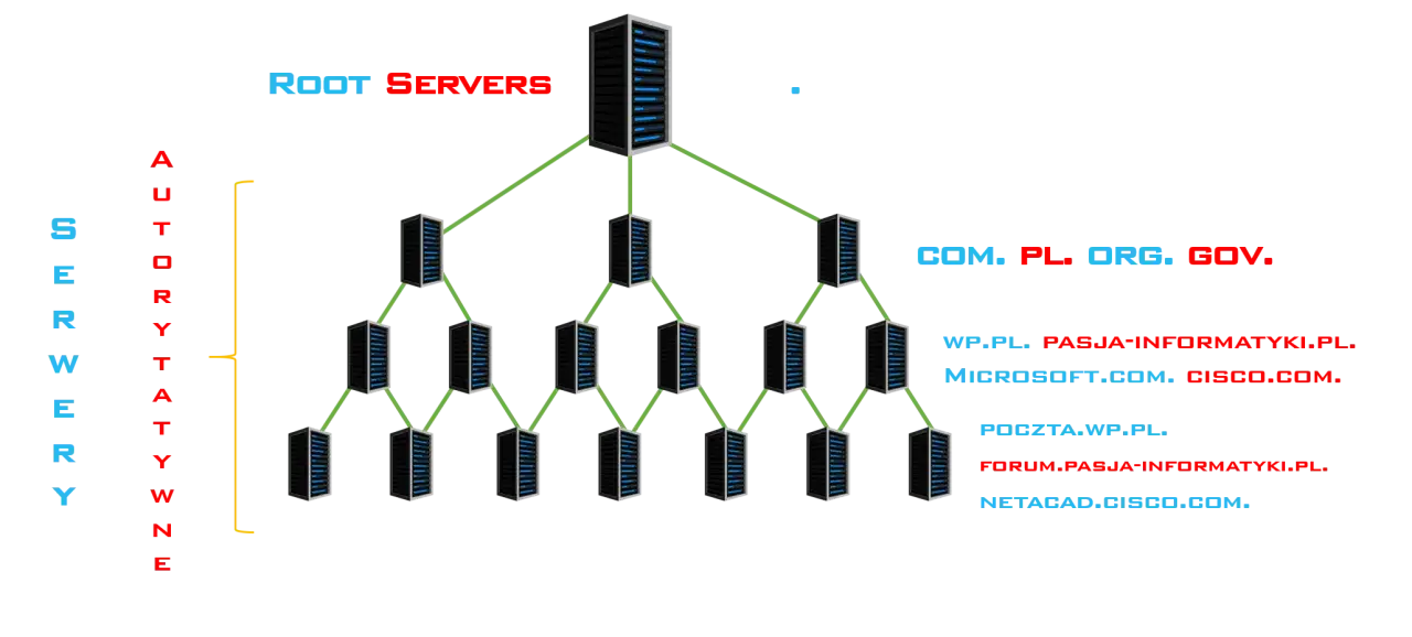 Hierarchia serwerów DNS: od ROOT SERVERS, przez serwery autorytatywne, po domeny .com, .pl, .org, .gov.