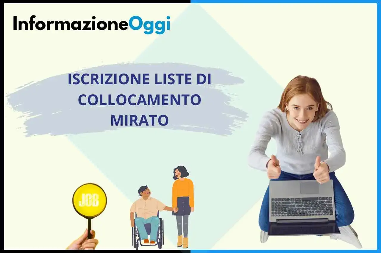 Ragazza sorridente con laptop, persone con disabilit&agrave; e un cartello 