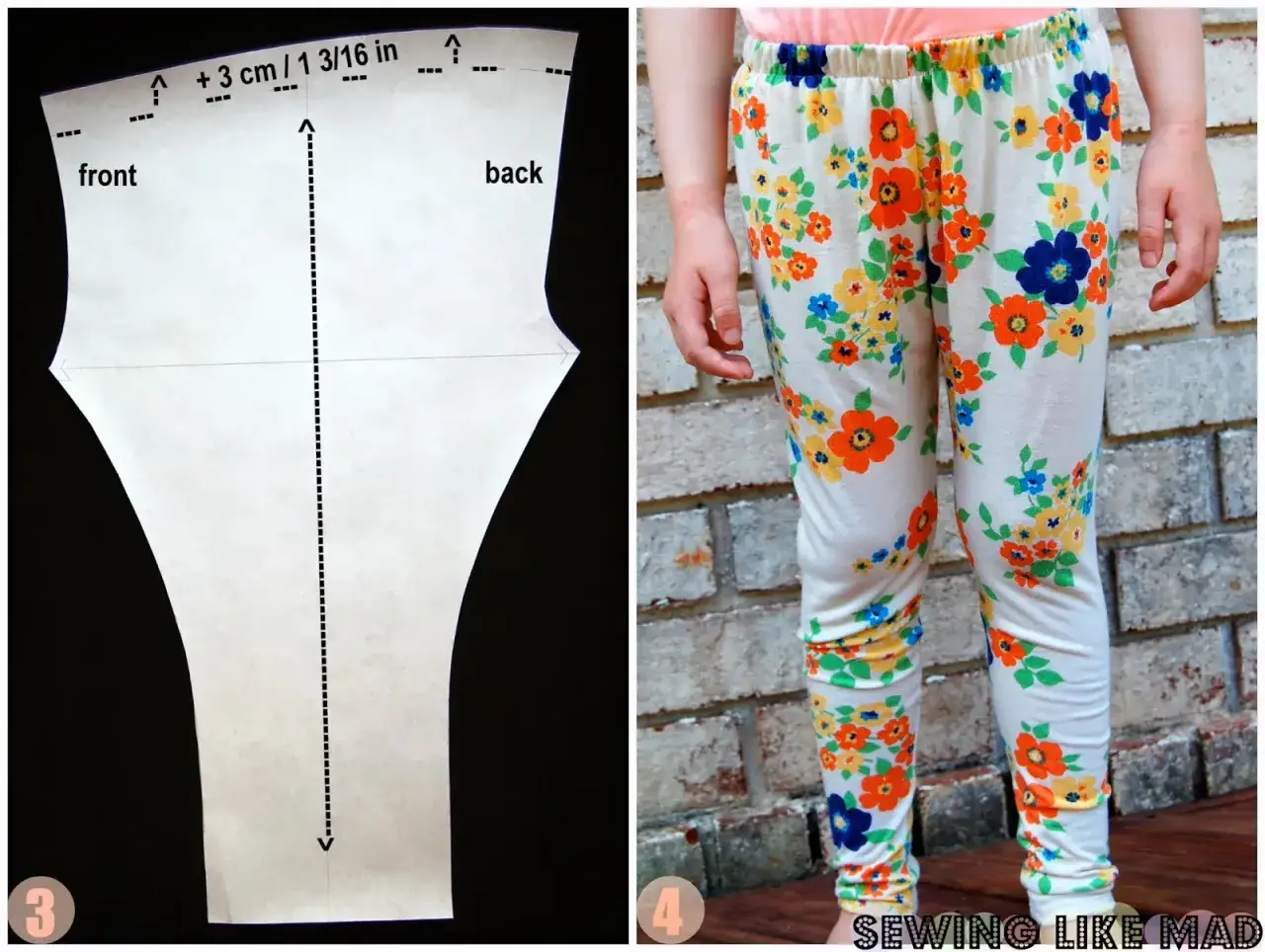 Sewing pattern for leggings on the left, and a child wearing floral leggings on the right. Learn how to take in leggings with this guide.