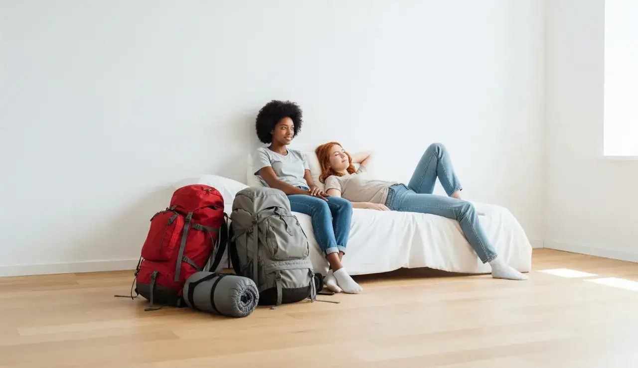 Zwei Frauen mit Rucksäcken und Schlafsack träumen von einer **Weltreise ohne Geld**.