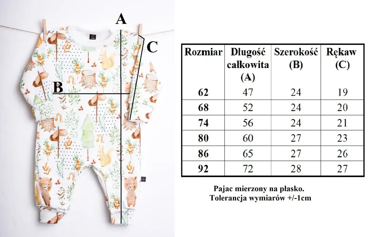 Uroczy pajac w leśne zwierzątka. Rozmiar 62, długość 47 cm, idealny dla maluszka.