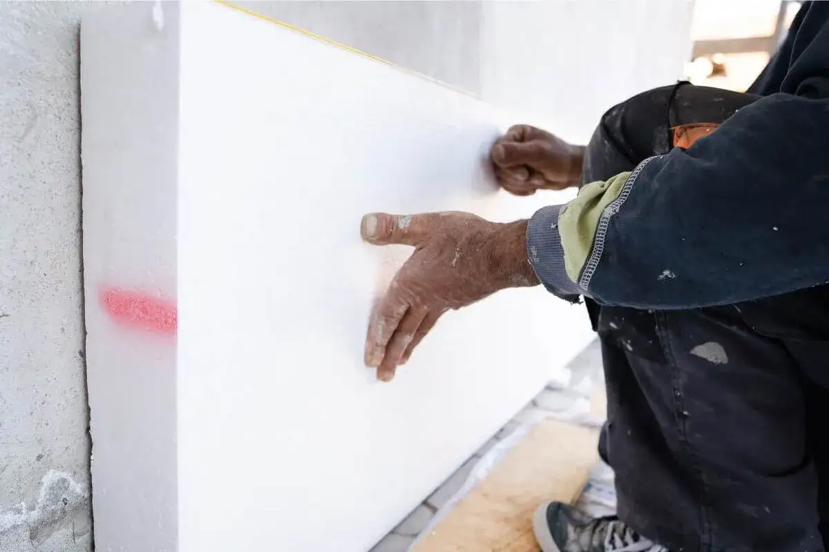 Mani esperte posizionano pannelli di polistirene estruso, materiale isolante fondamentale per l'efficienza energetica degli edifici.