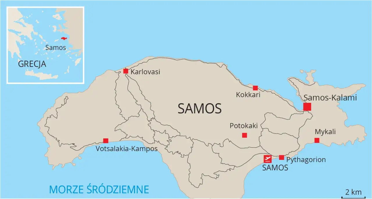 Mapa wyspy Samos w Grecji. Widać tu główne miejscowości i lotnisko. Idealne miejsce na wakacje, gdzie grecja pogoda zawsze dopisuje.