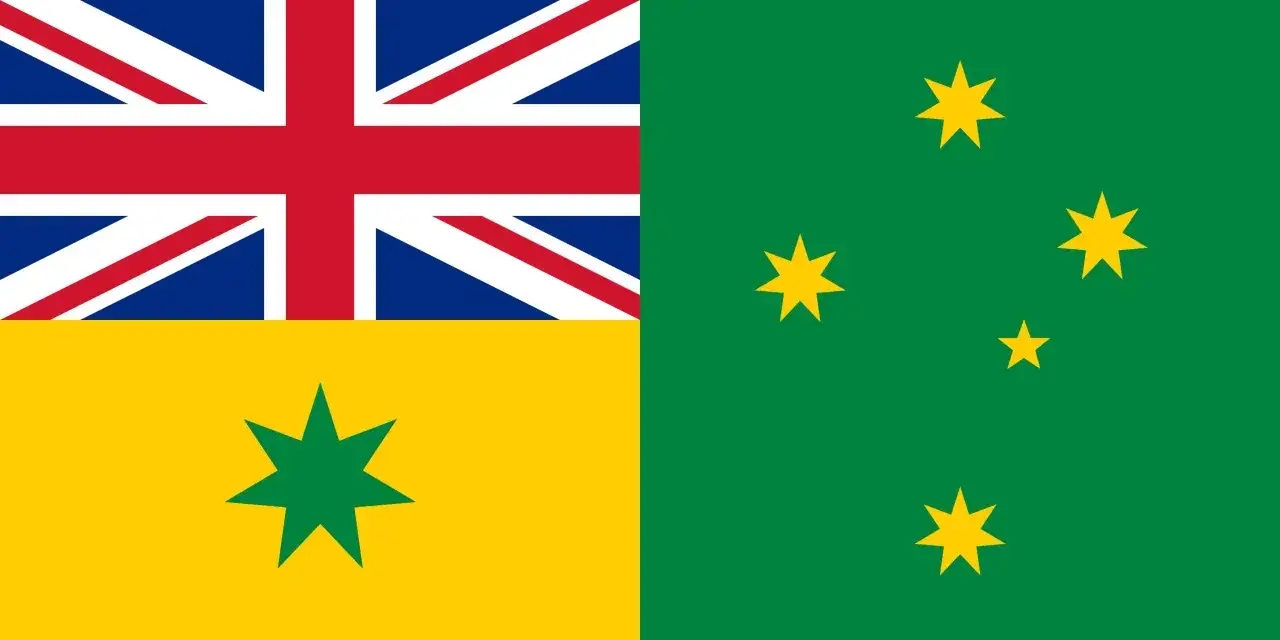 Flaga Australii i Nowej Zelandii. Po lewej flaga Australii z gwiazdą Wspólnoty Narodów, po prawej zielona flaga Nowej Zelandii z Gwiazdą Południa.
