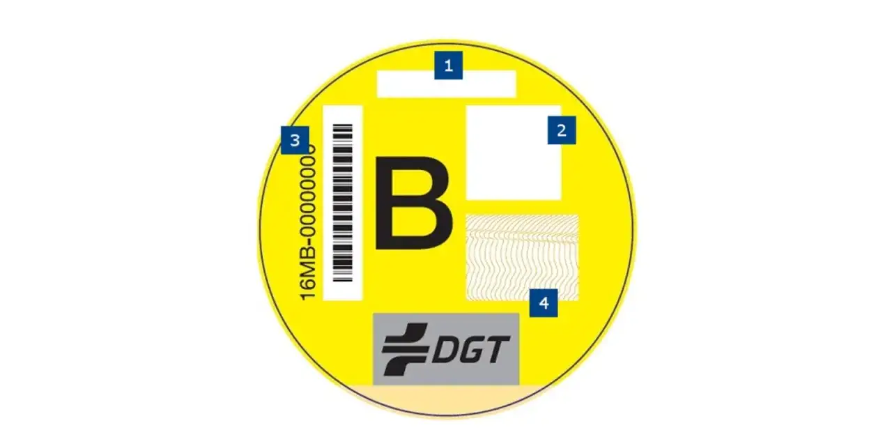 Etiqueta amarilla DGT con letra B, c&oacute;digo de barras y logo DGT.