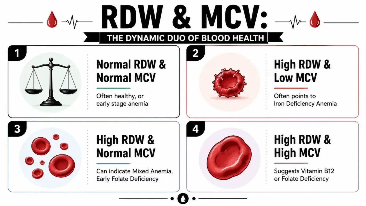 Infografika o RDW i MCV: 1. Równowaga (normalne RDW i MCV). 2. Czerwona krwinka z kolcami (wysokie RDW, niskie MCV - anemia z niedoboru żelaza). 3. Różne wielkości krwinek (wysokie RDW, normalne MCV). 4. Duża krwinka (wysokie RDW, wysokie MCV - niedobó...