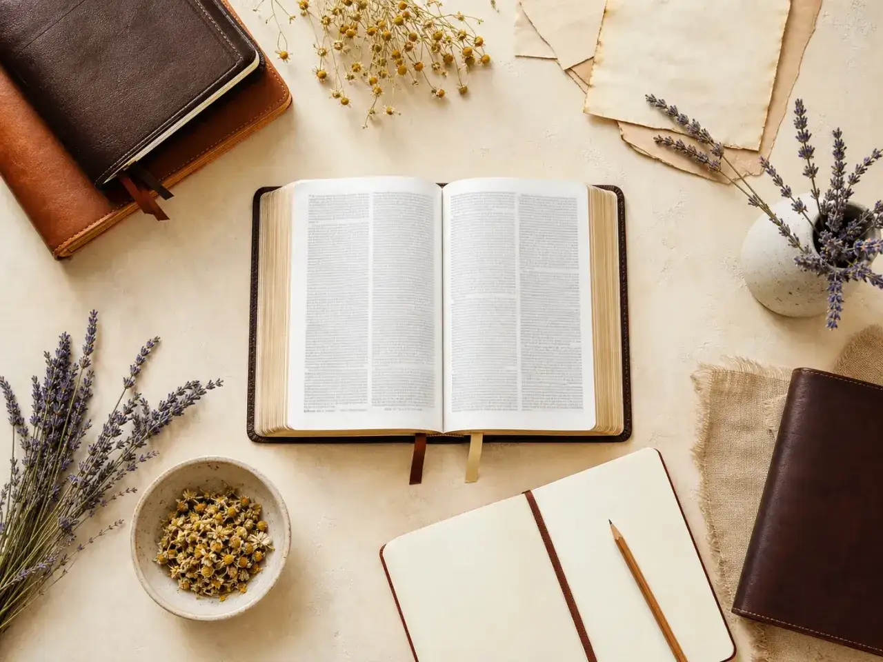An open Bible sits on a desk, surrounded by journals, dried flowers, and parchment. This scene evokes contemplation on the rebuke meaning in the Bible.