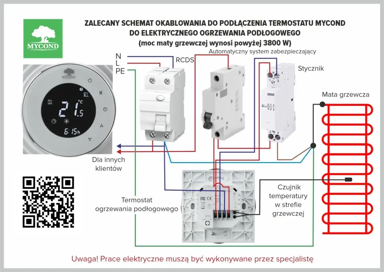 Schemat okablowania termostatu Mycond do ogrzewania podłogowego, pokazujący ilu żyłowy kabel do termostatu pokojowego, zabezpieczenia i matę grzewczą.