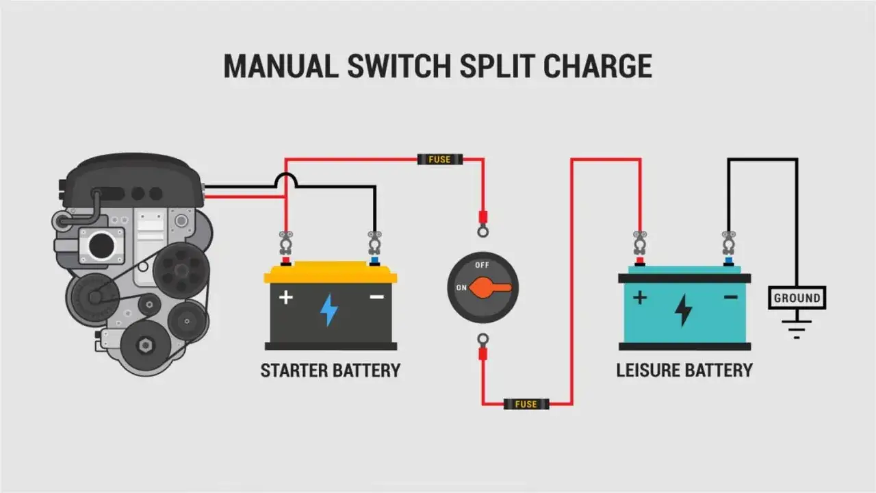 Schéma montrant comment recharger les batteries d'un camping-car avec un commutateur manuel pour séparer les charges.