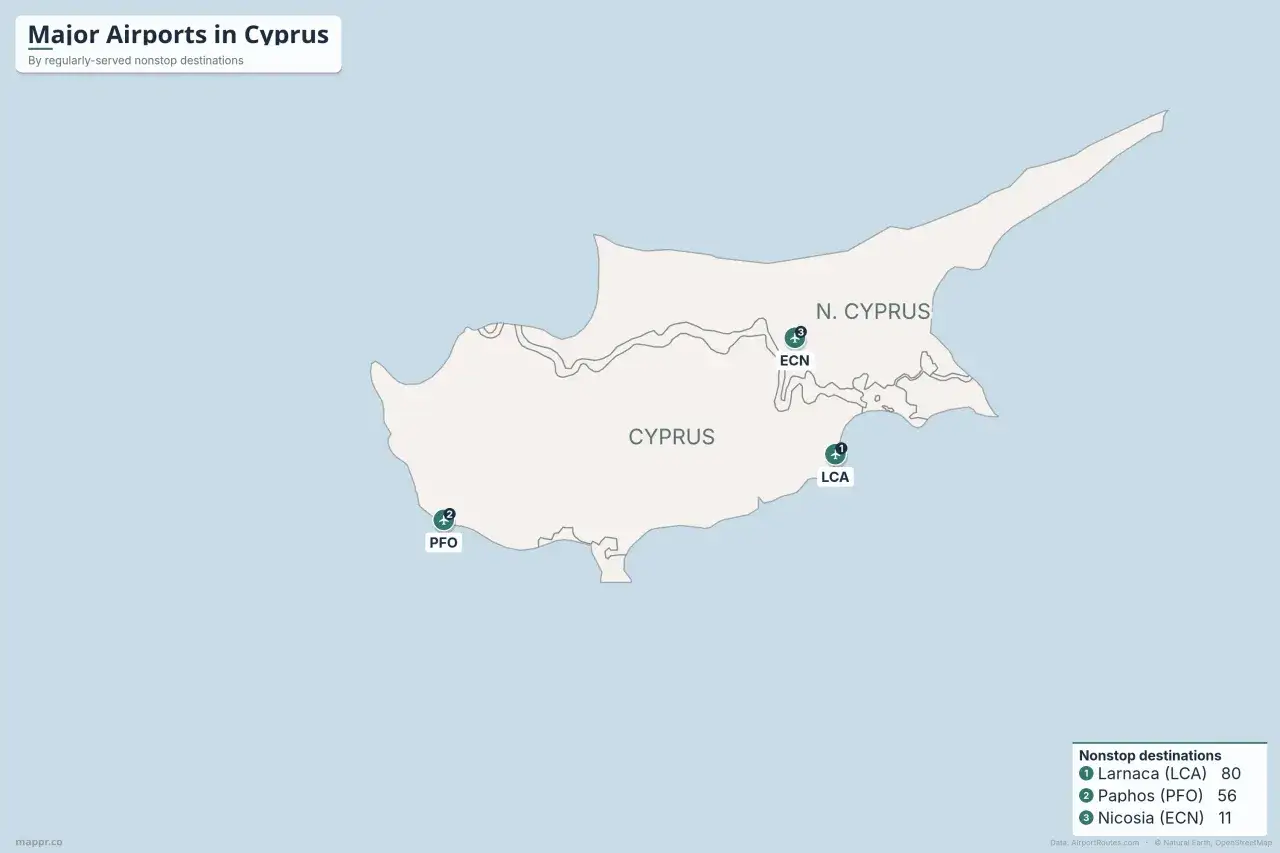 Mapa Cypru z zaznaczonymi lotniskami: Larnaka (LCA), Pafos (PFO) i Nikozja (ECN). Sprawdź bezpośrednie loty na Cypr!