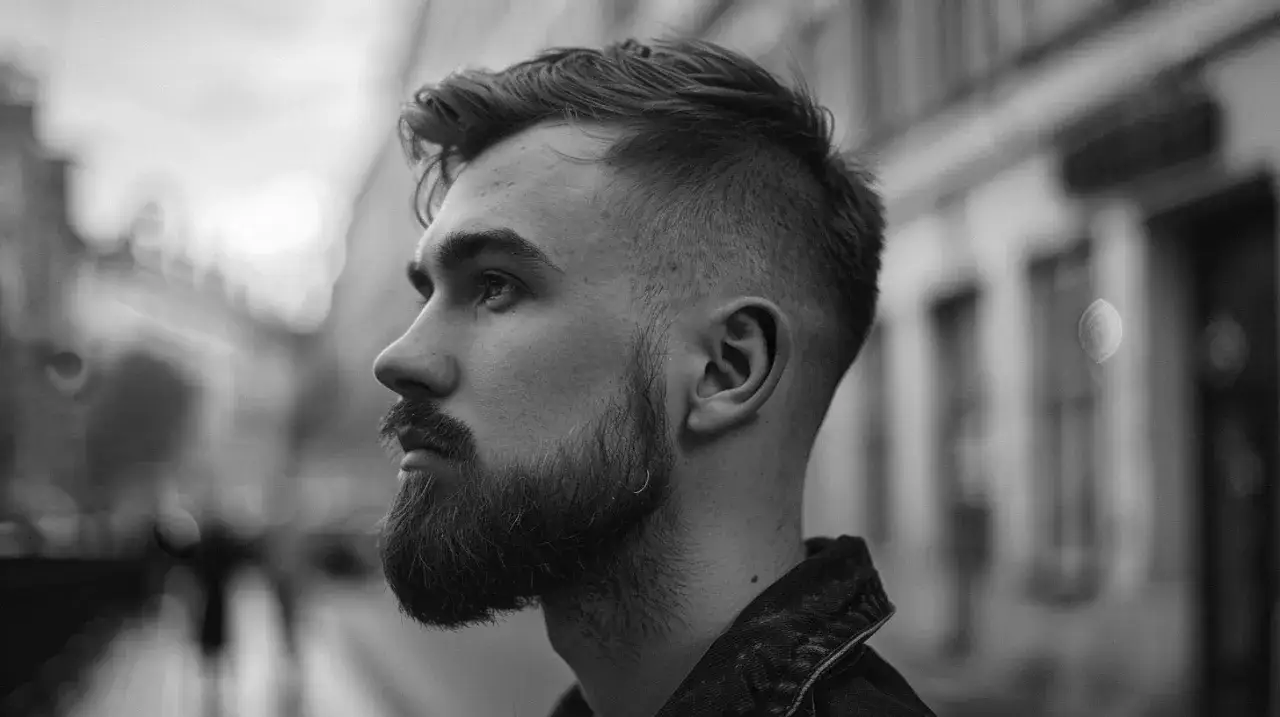 Un jeune homme au regard pensif arbore une coupe homme cheveux fins avec un dégradé prononcé et une barbe soignée.