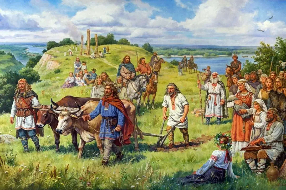 Scena z życia dawnych Słowian, być może nawiązująca do czasów, gdy istniało państwo Chazarów. Ludzie w strojach z epoki pracują na roli, prowadzą bydło, a na wzgórzu widać obrzędy.