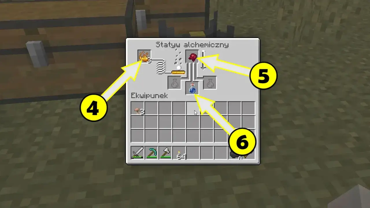 Tworzenie mikstury słabości w Minecraft. Na ekranie statywu alchemicznego widać składniki i gotowy eliksir.