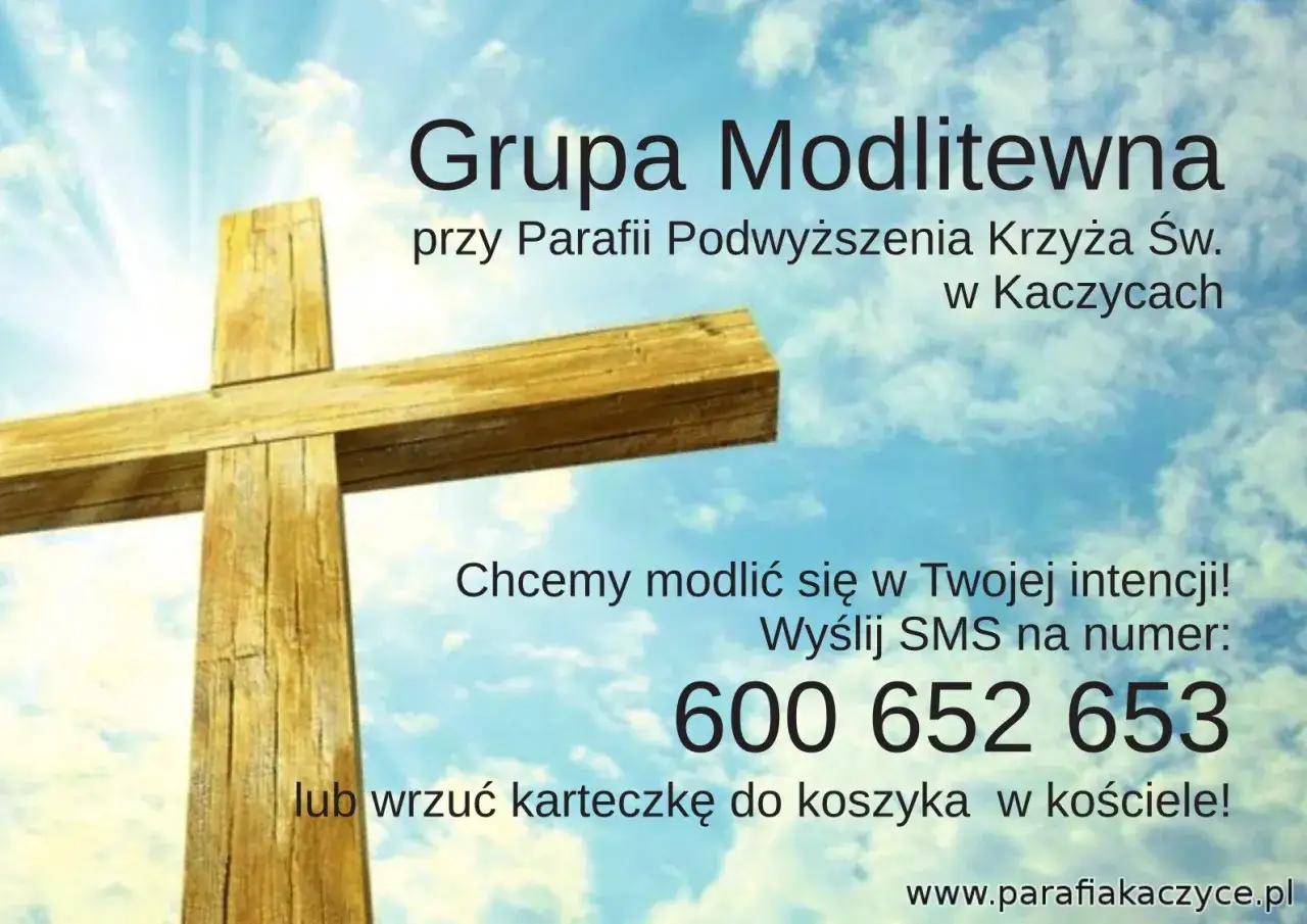 Drewniany krzyż na tle nieba. Grupa Modlitewna przy Parafii Podwyższenia Krzyża Św. w Kaczycach oferuje prośbę o modlitwę w Twojej intencji.