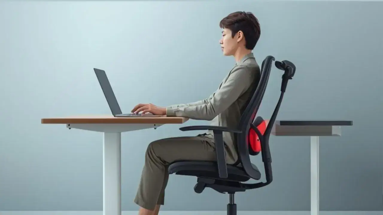 Kobieta z przepukliną kręgosłupa pracuje przy laptopie, siedząc na ergonomicznym krześle z podparciem lędźwiowym.