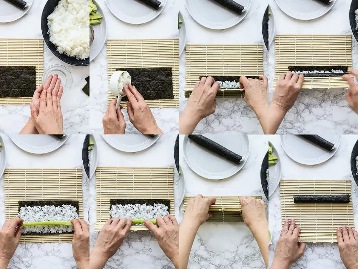 Krok po kroku, jak zrobić sushi: rozkładanie ryżu na nori, dodawanie składników i zwijanie rolki.