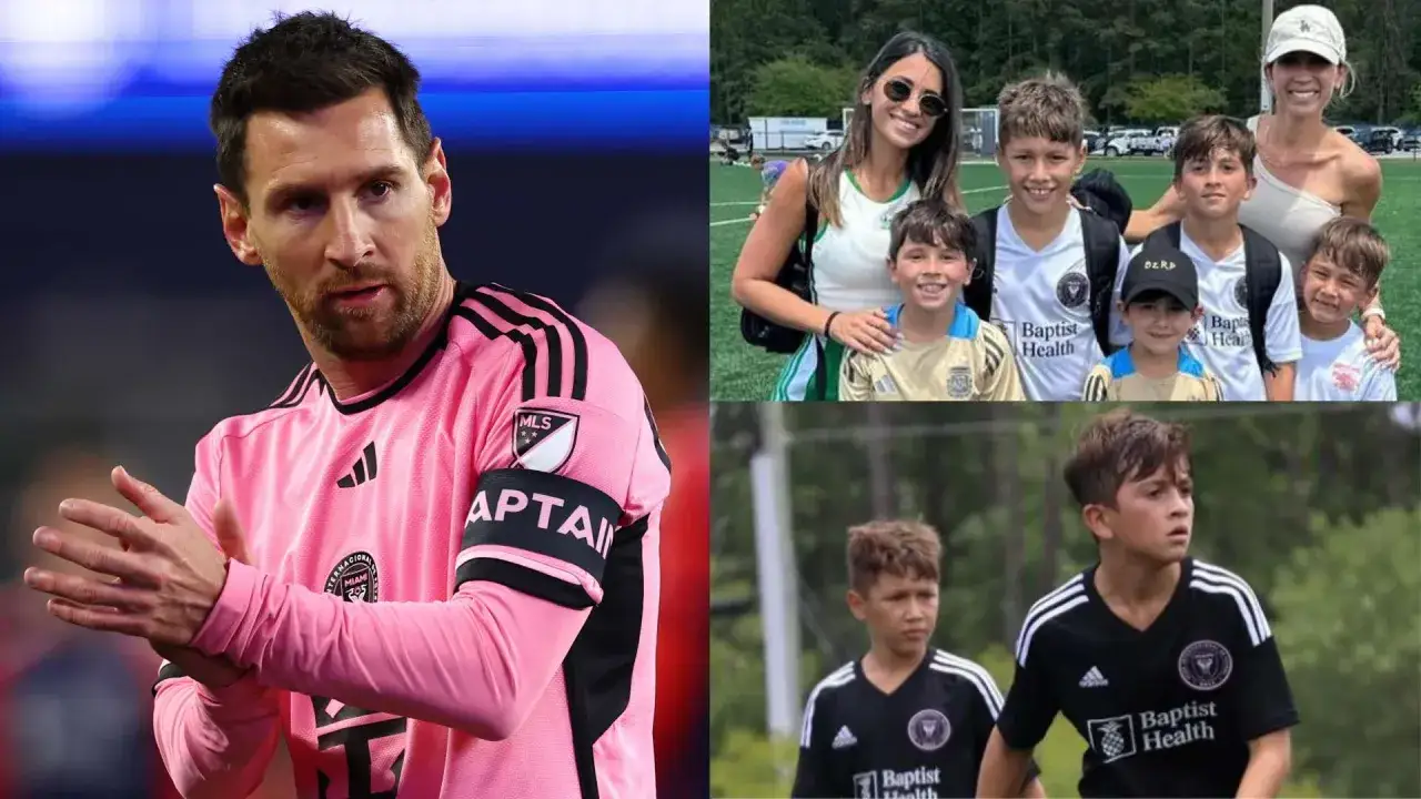 Messi w różowej koszulce z opaską kapitana, obok zdjęcia jego rodziny. Ile dzieci ma Messi? Na zdjęciu widać jego żonę i czterech synów.