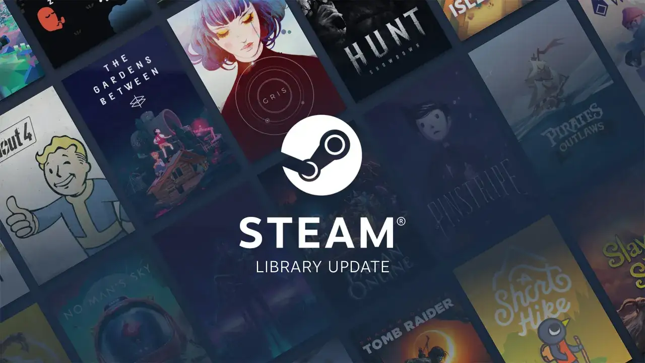 Konto Steam to cyfrowa platforma dystrybucji gier, prezentująca okładki tytułów takich jak Fallout 4, Gris, Hunt: Showdown i innych.
