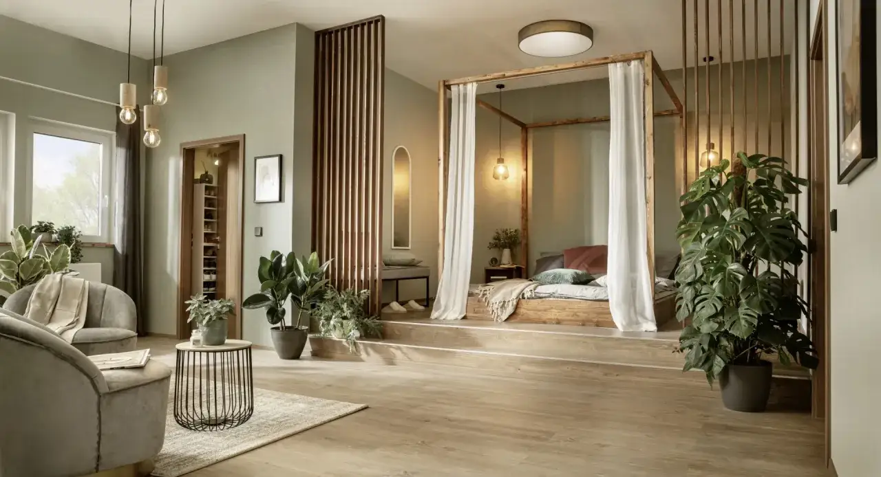 Ein Schlafzimmer mit Himmelbett, Sitzbereich und vielen Pflanzen. Die Wände sind in einem sanften mauve farbe gehalten, was für eine beruhigende Atmosphäre sorgt.