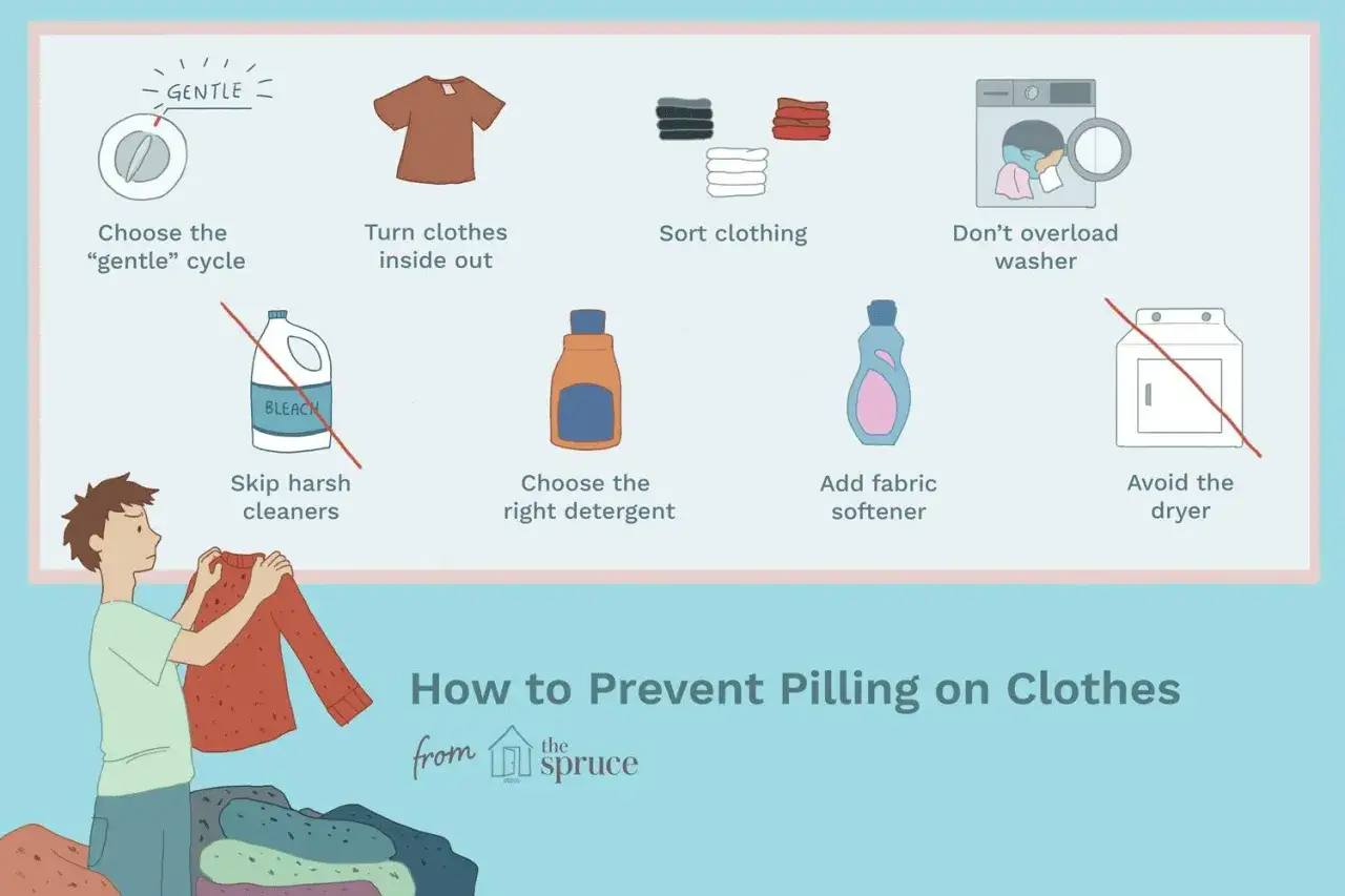 Tipps gegen Pilling auf Kleidung: Schonwaschgang, Kleidung wenden, sortieren, kein Schleudern, richtige Waschmittel.