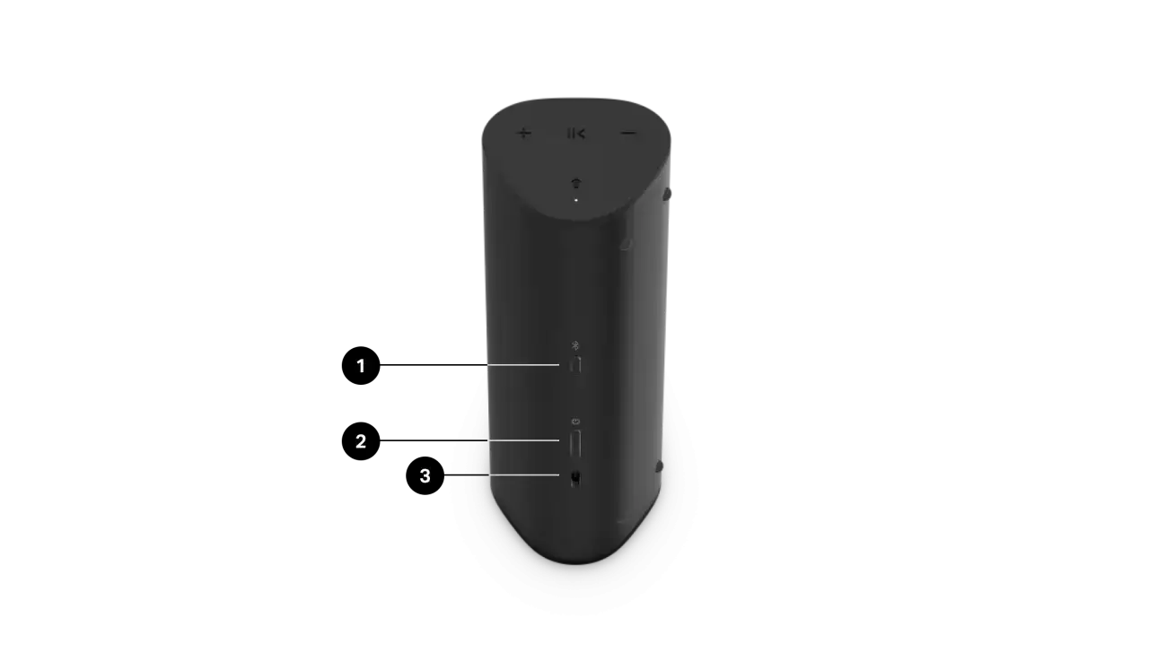 Schwarzer Sonos Roam Lautsprecher mit Bluetooth-Symbol (1), USB-C-Anschluss (2) und Netzschalter (3). So einfach l&auml;sst sich der Sonos Roam Bluetooth verbinden.