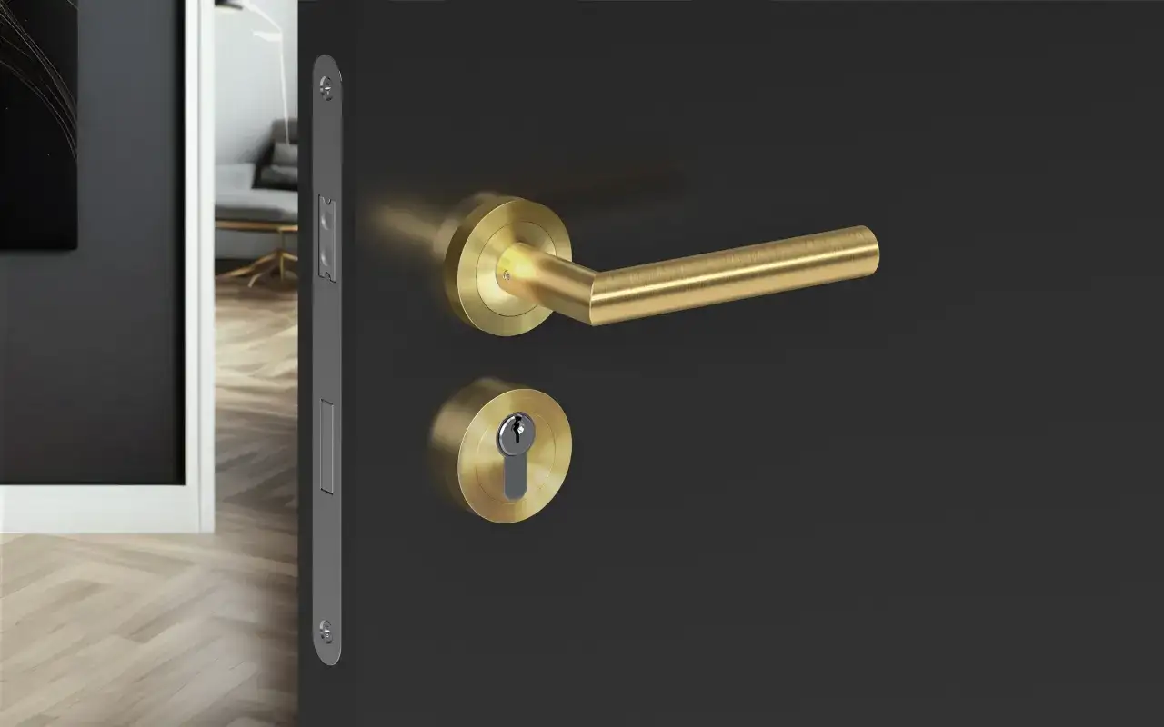 Poignée de porte en laiton brossé sur porte anthracite, avec serrure assortie. Un choix élégant pour savoir quelle poignée de porte choisir.