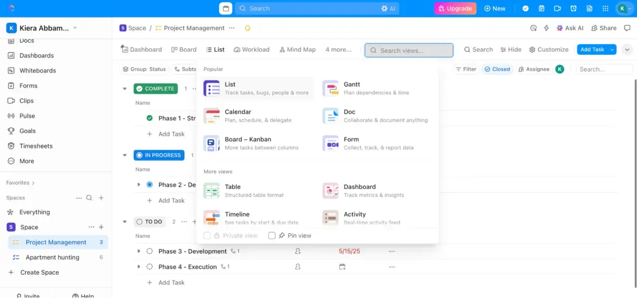 Interface d'un planificateur d'application. Options de vues : Liste, Calendrier, Kanban, Gantt, Doc, Formulaire, Tableau, Timeline, Dashboard, Activité.