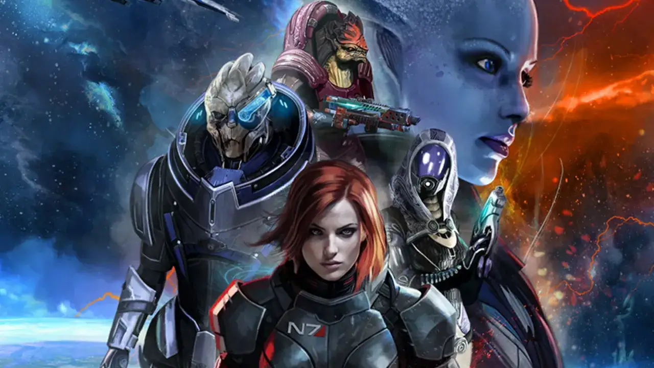 Kompozycja postaci z Mass Effect 5: Shepard, Garrus, Liara, Tali i Grunt w kosmicznej scenerii.