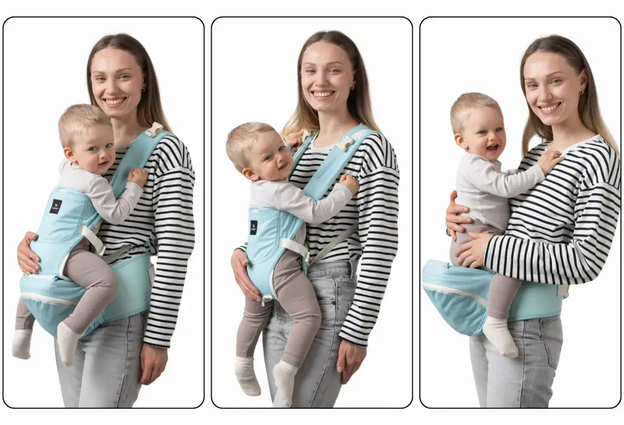 Uśmiechnięta mama nosi 5-miesięczne niemowlę w turkusowym nosidełku. Pokazano r&oacute;żne sposoby noszenia.