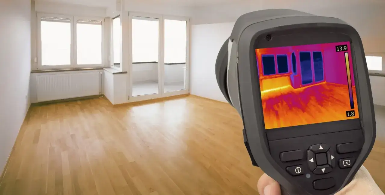 Termocamera mostra dispersioni di calore da infissi. La tabella di trasmittanza termica infissi è visibile sullo schermo.