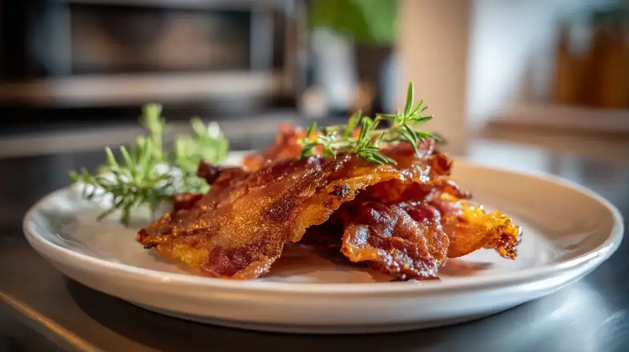 Knuspriger Bacon, perfekt zubereitet im Airfryer, garniert mit Rosmarin auf einem Teller.