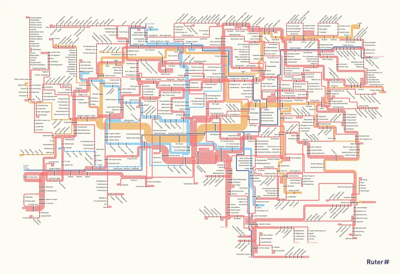 Mapa komunikacji miejskiej w Oslo z zaznaczonymi liniami metra, tramwajów i pociągów.