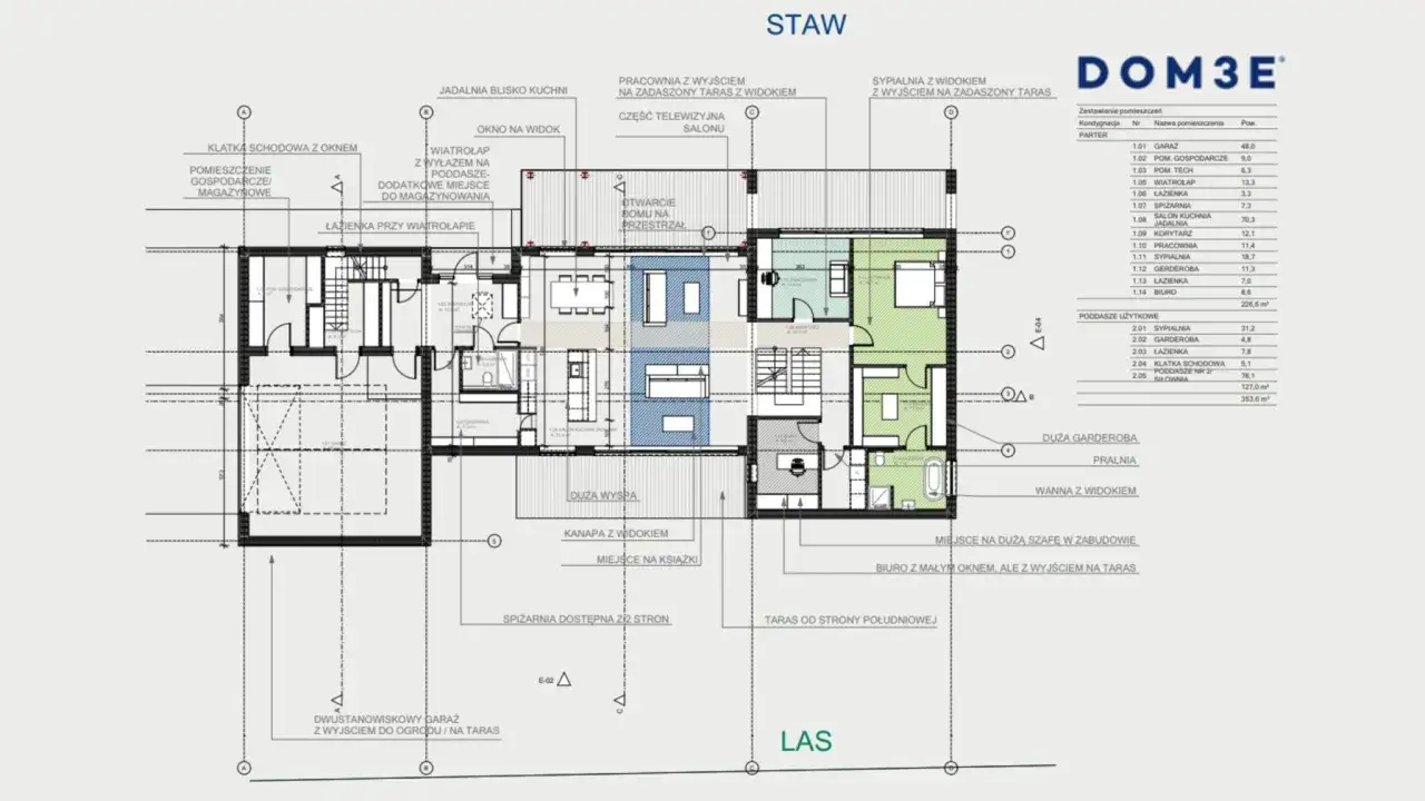 Rzut parteru domu z zaznaczonymi pomieszczeniami i wymiarami. Tabela zawiera zestawienie pomieszczeń, co może pomóc w oszacowaniu, ile kosztuje adaptacja projektu.