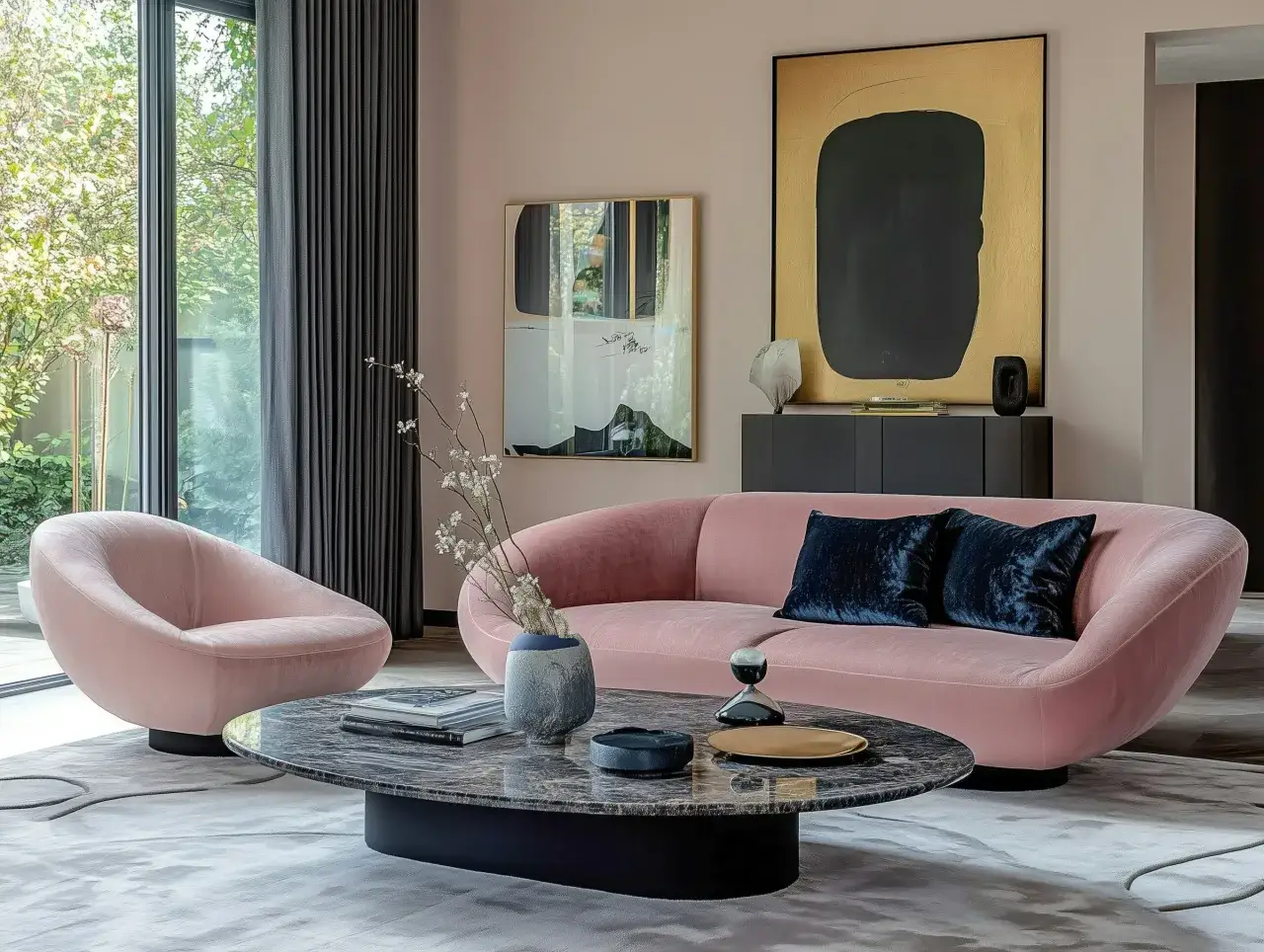 Nowoczesny, różowy salon z akcentami zieleni. Inspiracje dla Twojego wnętrza.