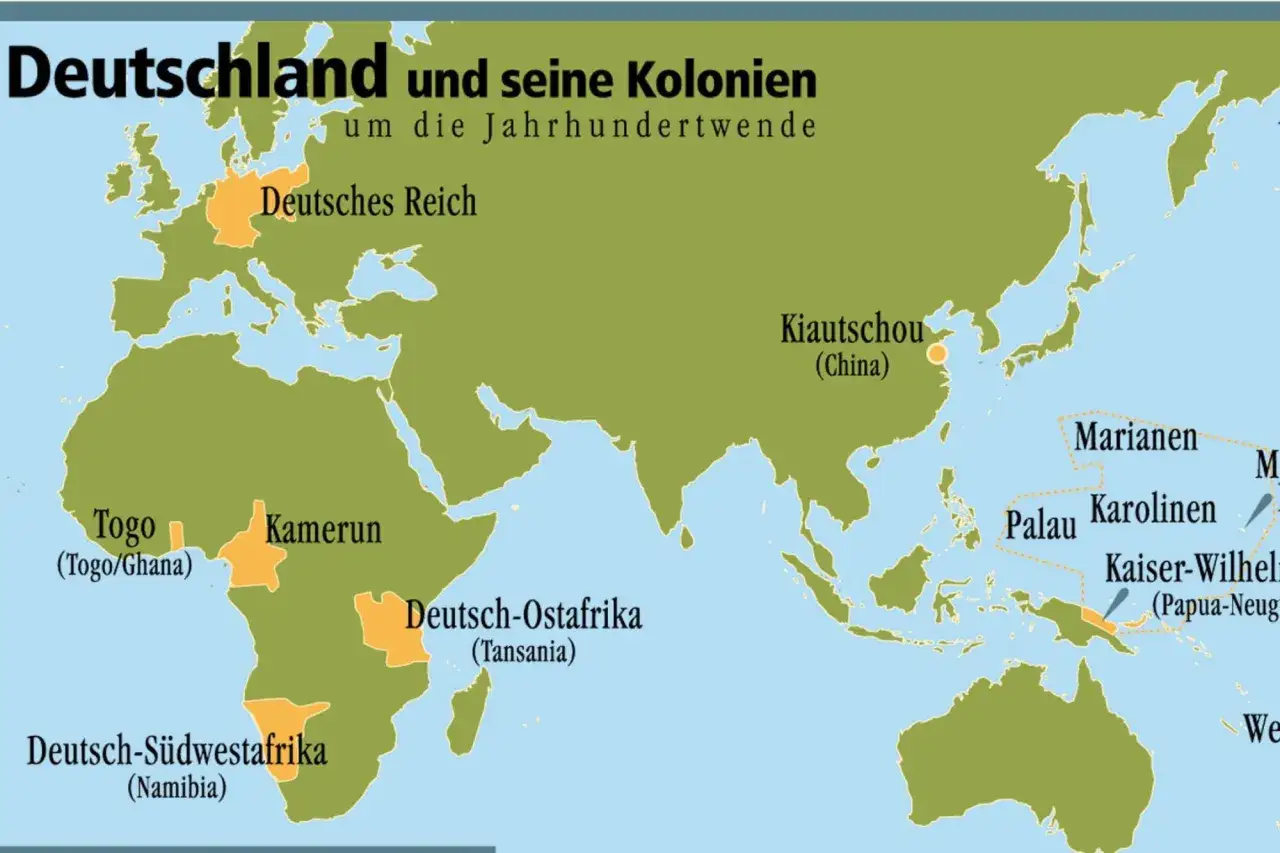 Karte zeigt deutsche Kolonien um 1900: Togo, Kamerun, Deutsch-Ostafrika, Deutsch-S&uuml;dwestafrika, Kiautschou, Marianen, Palau, Karolinen, Kaiser-Wilhelmsland. Bismarcks Kolonialpolitik pr&auml;gte diese Expansion.