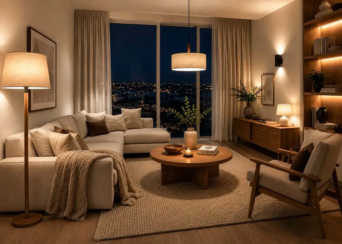 Gemütliches Wohnzimmer im skandinavischen Einrichtungsstil mit beiger Couch, Holztisch und Blick auf die nächtliche Stadt.