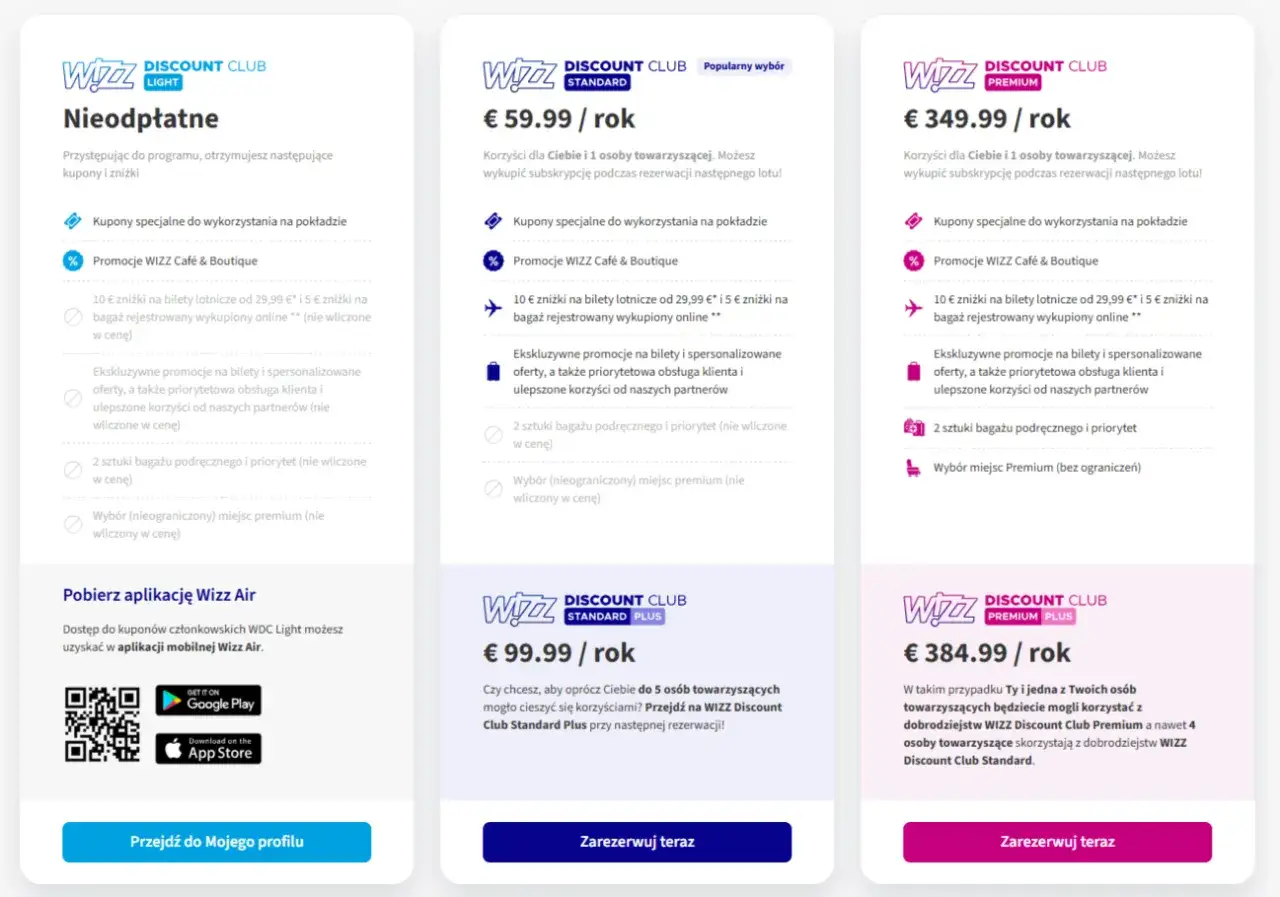 Porównaj plany Wizz Discount Club i dowiedz się, jak zostać członkiem, by cieszyć się zniżkami na loty i bagaż.