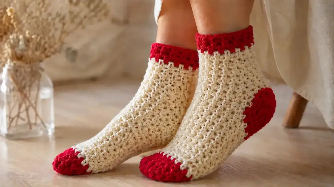 Pies con calcetines crochet color crema y rojo, con detalles tejidos a mano.