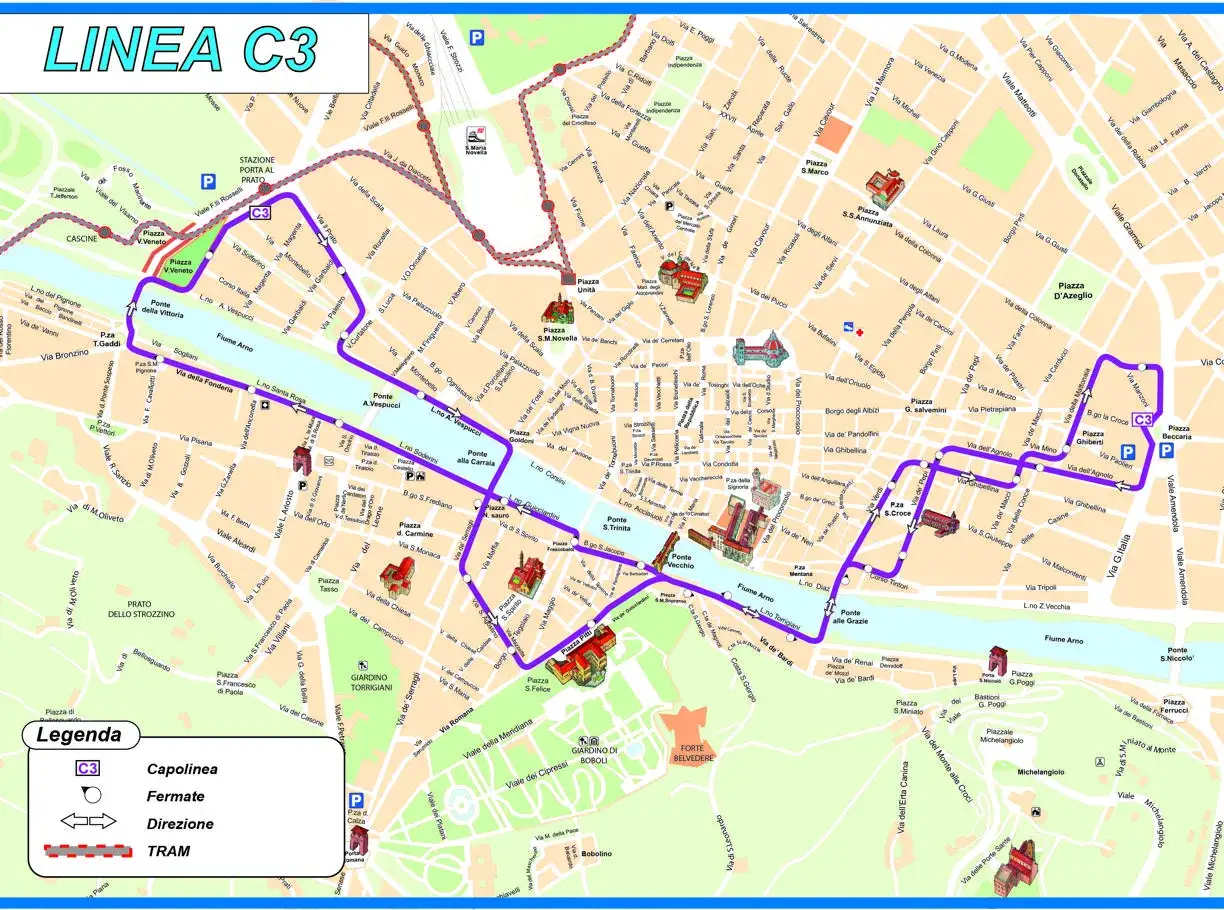 Mappa della Linea C3 di Firenze: come muoversi a Firenze con il tram, con fermate e direzioni indicate.