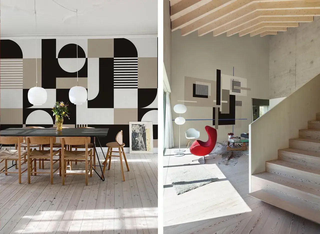 Modern bauhaus interior design with geometric wallpaper, wooden furniture, and a striking red armchair.